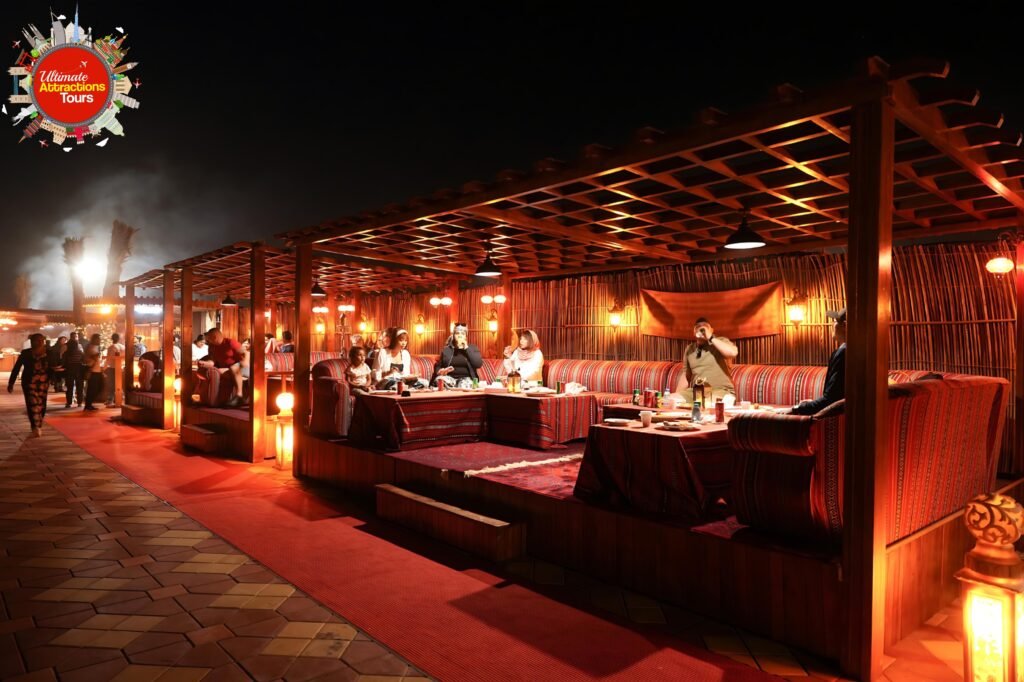 premium desert safari dubai camp interior majlis seating and soft lighting