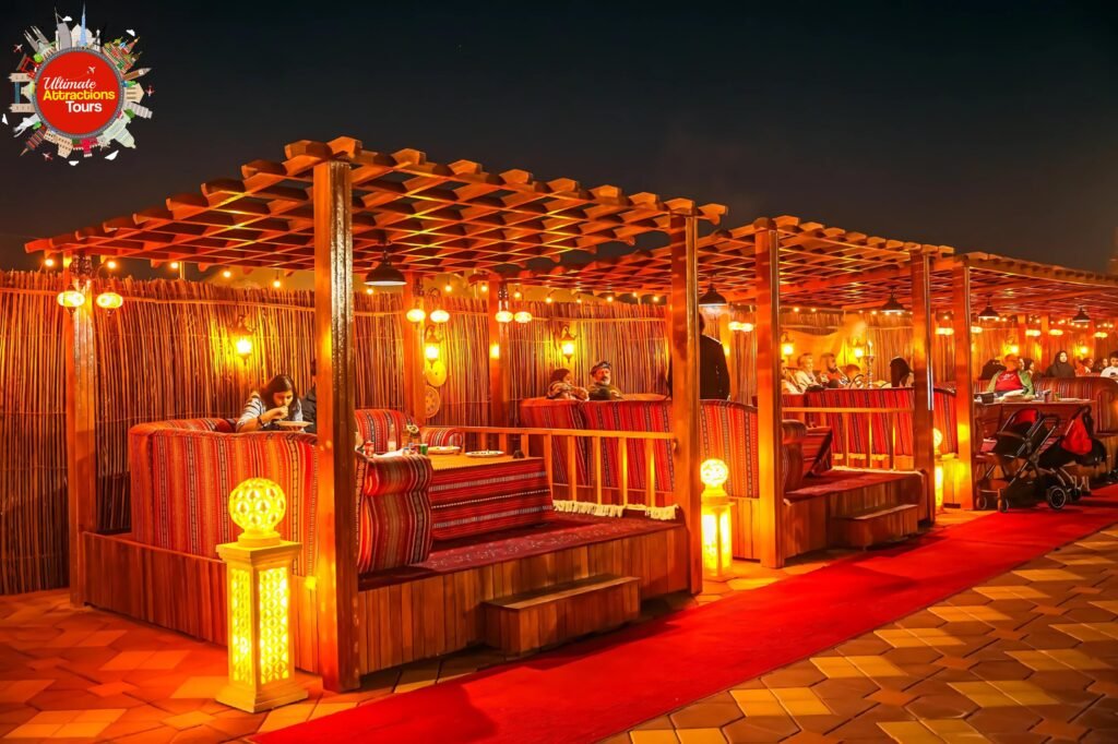 premium desert safari dubai camp interior majlis seating and soft lighting