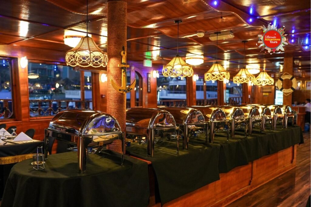 International buffet dinner on Dubai Canal cruise
