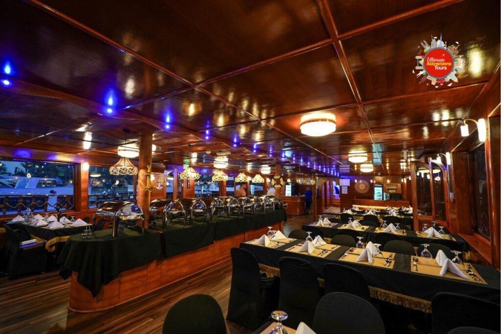 Luxury interior dining area on Dubai dinner cruise