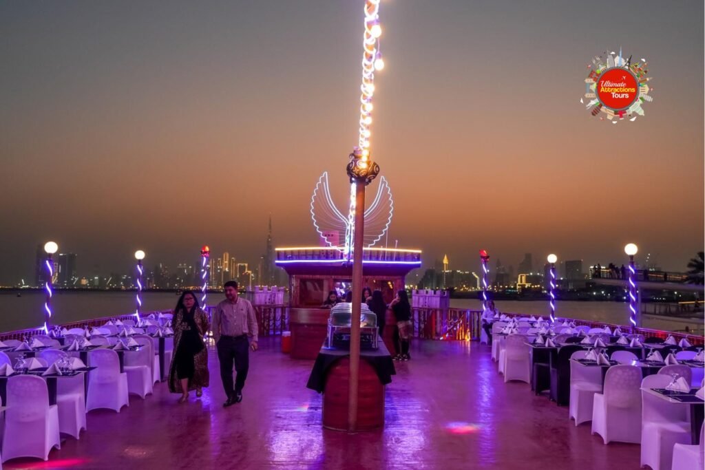 Dubai skyline view from dinner cruise at night